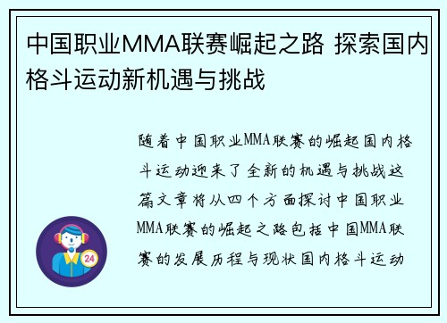 中国职业MMA联赛崛起之路 探索国内格斗运动新机遇与挑战