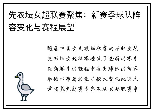 先农坛女超联赛聚焦：新赛季球队阵容变化与赛程展望