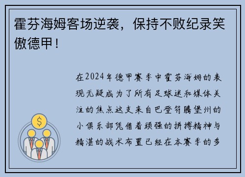 霍芬海姆客场逆袭，保持不败纪录笑傲德甲！